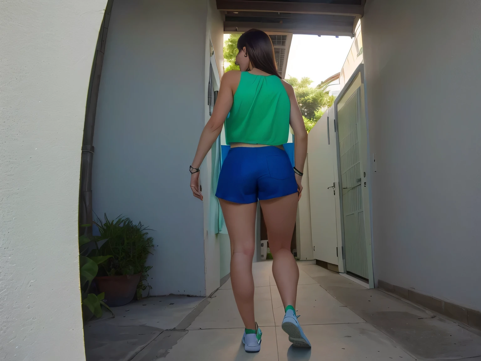 In the image, a beautiful Brazilian woman with white skin, short dark brown hair, in blue shorts and a green tank top, in tight blue shorts and a green tank top walking down a corridor, seen from behind, moving away from the camera, seen from the back, looking moving away from the camera, rear photo, in shorts, still photo of the rear view, from the back, back photo, rear view, rear photo, medium photo taken from behind, rear view, wearing a green tank top and shorts, tight blue shorts, photo of full body profile, adjusted photo, full body photo, wearing blue shorts ((blue)) and green tank top ((green)), with a cheeky pose, photo from behind. Fitness woman, perfect arms, perfect body. She is around 40 years old, 162 cm tall and weighs 56 kg. Her body exudes glamor and her face is a definition of beauty. Slender body, thin waist. Highly realistic, hyperrealism, very elaborate skin, high quality photo. Sharp Photo, High Resolution, High Quality, Masterpiece, 16K Photo, Sharp Photo, High Contrast, Masterpiece, (Photographically Realistic), NUDE, NUDITY, NFSW.