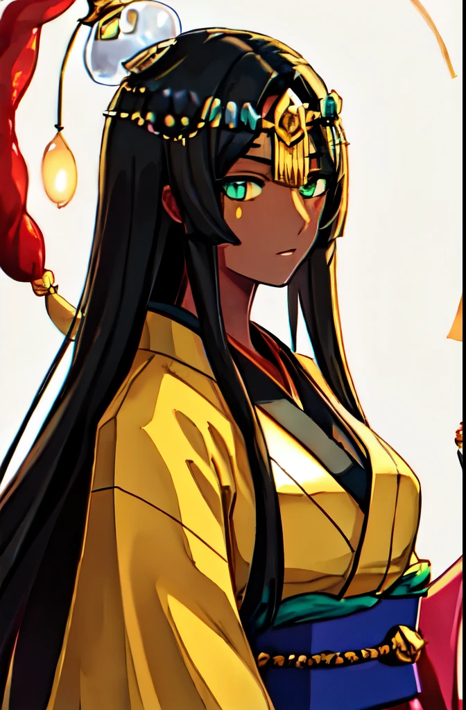 highest quality, masterpiece, High resolution, alone, {yukata:1.40}, {kimono:1.20}, {Scheherazade_FGO:1.15}, length_hair, black_hair, dark-skinned_woman, dark_skin, green_eye, Circlet, chest, amount_gem, gemry, big_chest, Have