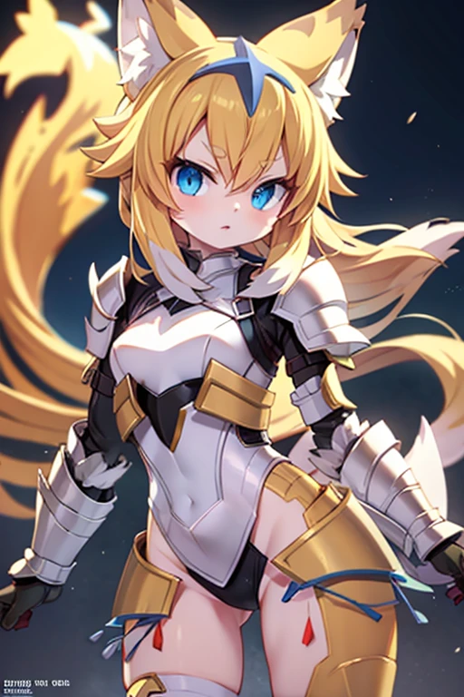 a small foxgirl,wearing the legendary pokemon necrozma like armor,blond hair,blue eyes,sexy pose,detailed eyes,highly detailed face,beautiful detailed lips,extremely detailed hair,extremely detailed armor,glowing armor,dramatic lighting,vibrant colors,digital art,concept art,highly detailed,photorealistic,4k,8k,masterpiece,best quality