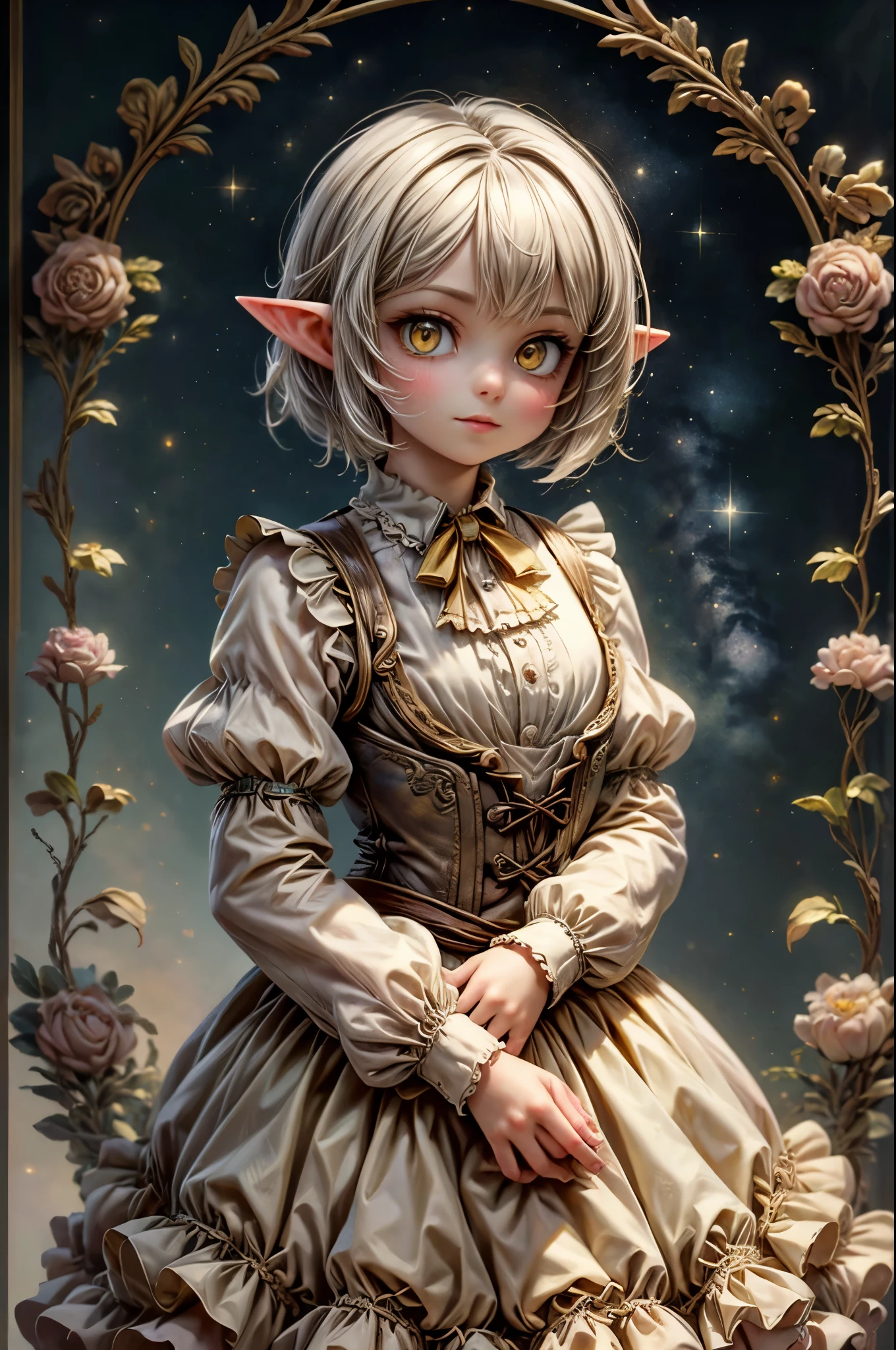 ((highest quality, masterpiece, High resolution))、((reality))、female elf with yellow eyes and grey hair in a long bob cut,She is dressed in her adventurer outfit, including a beige blouse and corset vest, , deep dark background。
