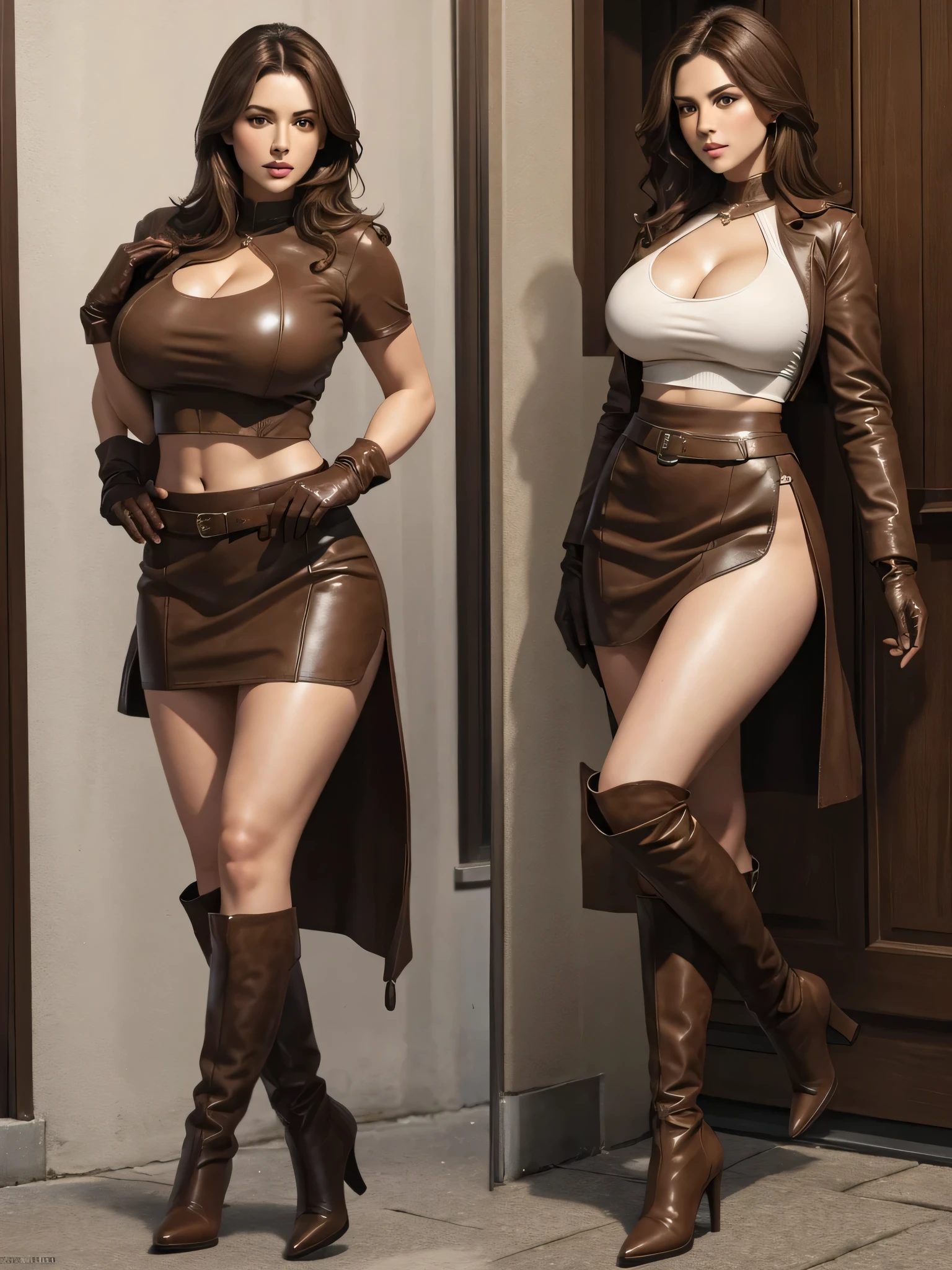 Full body, realistic, 8k, best quality, masterpiece, (1 beautiful woman, solo: 1.1), very big breasts, brown hair, brown crop top, brown skirt, brown gloves, brown high heel boots
