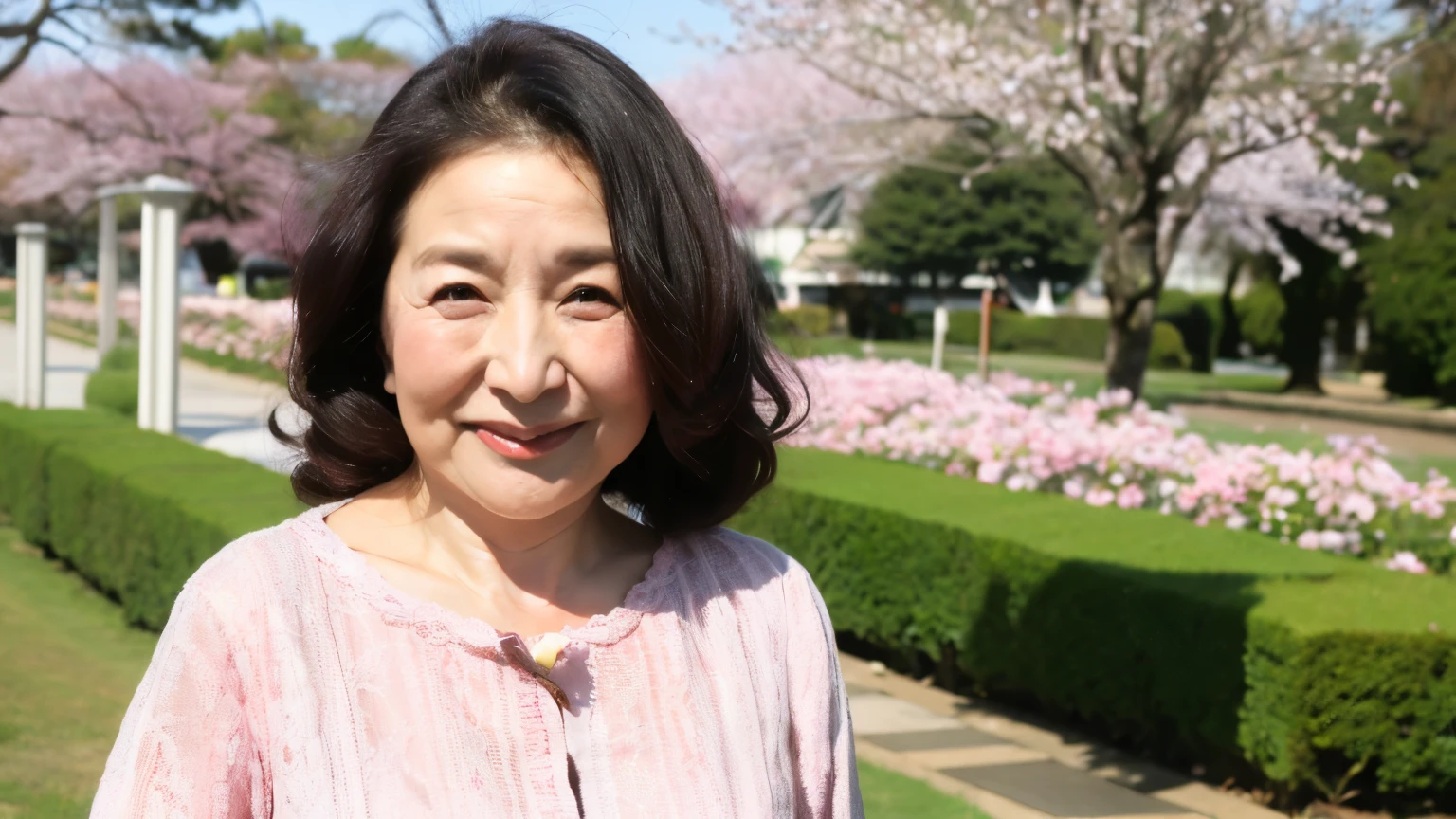((highest quality、8k、masterpiece:1.3))、Photorealistic, Sharp focus, high resolution, High resolution, Portraiture, alone, Japanese, A little chubby, Middle-aged women, Beautiful woman, suit, 60 years old, Wavy Hair, Wrinkles around the eyes, The background is cherry blossoms, Large Bust, smile
