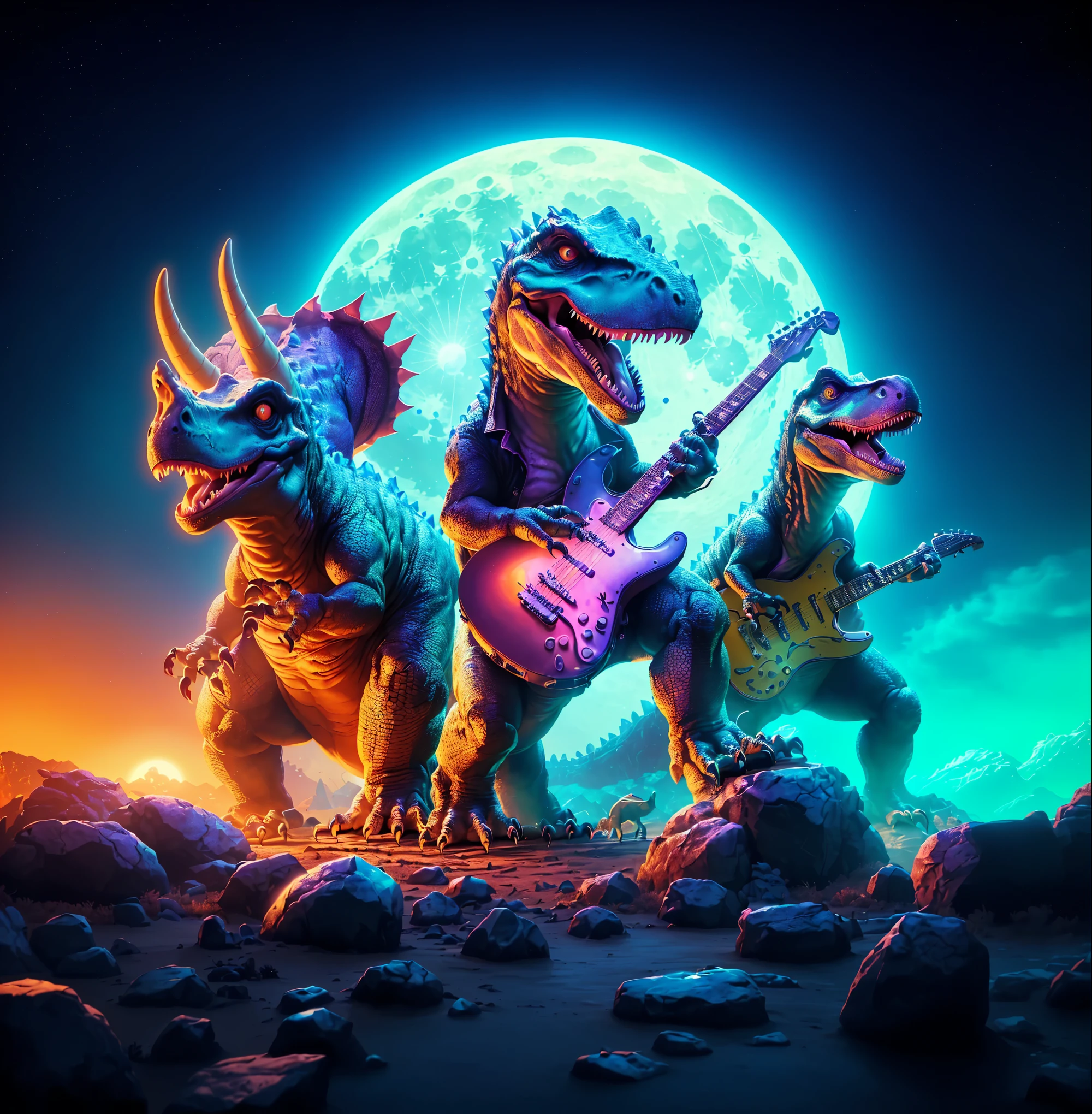 there are three dinosaurs playing guitar in front of a full moon, background artwork, by Wayne England, epic retrowave art, synthwave art, inspired by Adam Rex, by Randy Gallegos, dinosaurs, 3 d epic illustrations, jurassic image, synthwave art style, synthwave image, by Ignacio Zuloaga, rocking out, detailed game art illustration 