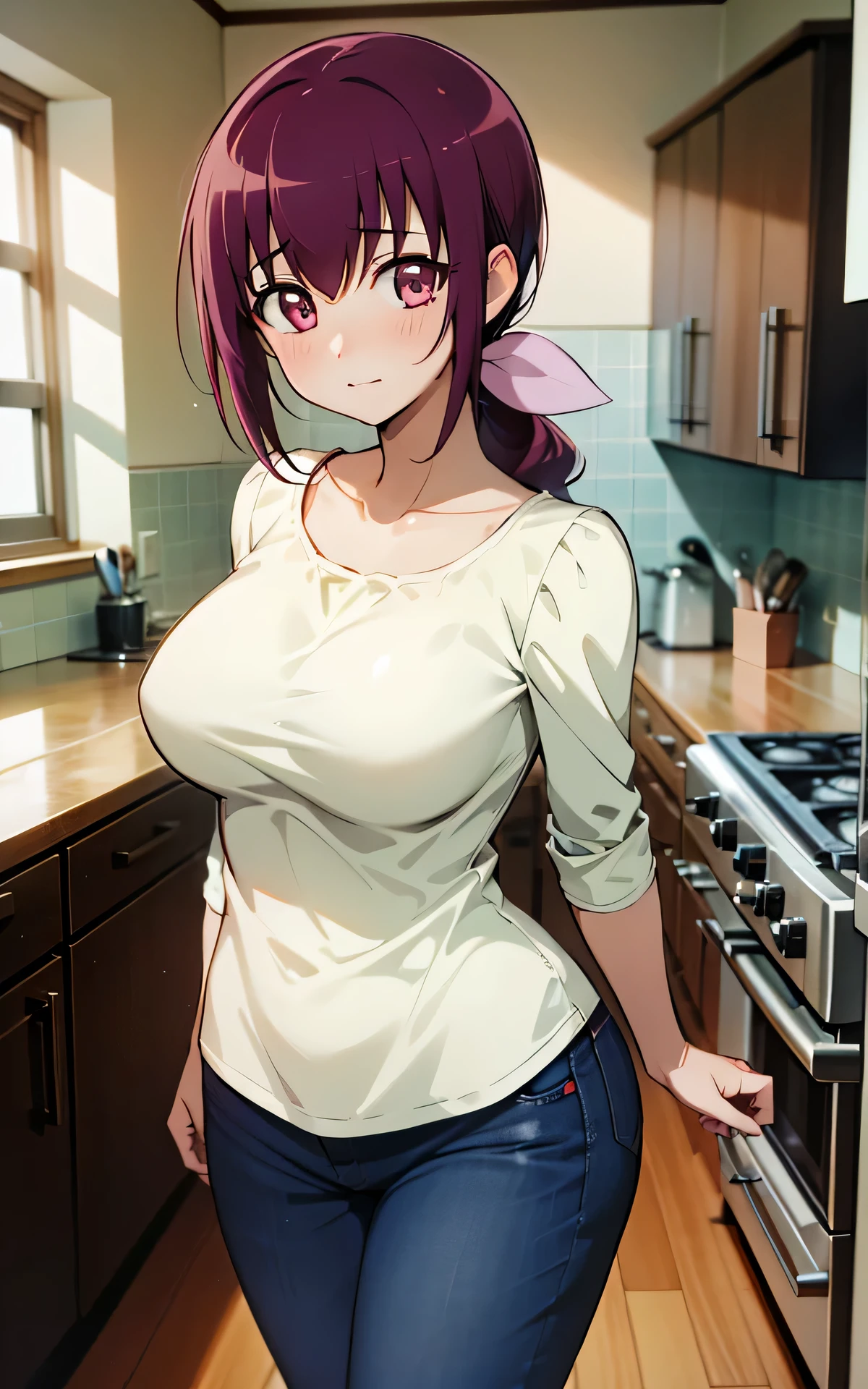 absurderes:2.0、 Unity 8K Wallpaper, Masterpiece, ,detailed hair, highly detailed, (, pink ribbon, loose t-shirt、Married woman、denim pants), (kitchen),
