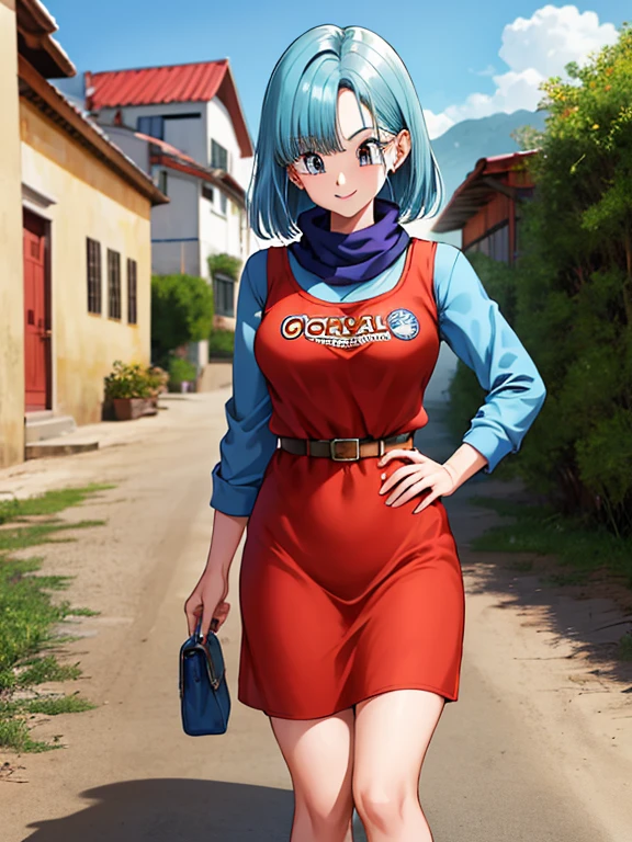 obra maestra, mejor calidad, high resolution, Dragon Ball, blmcorto, pelo aguamarina, pelo muy corto, pendientes, joyas, vestido rojo, pechos medianos, bufanda amarilla, vestido corto, sin mangas, al aire libre, sonrisa, tiro de vaquero, Caminando, Restos, edificio, Desde abajo, ((Pussy))