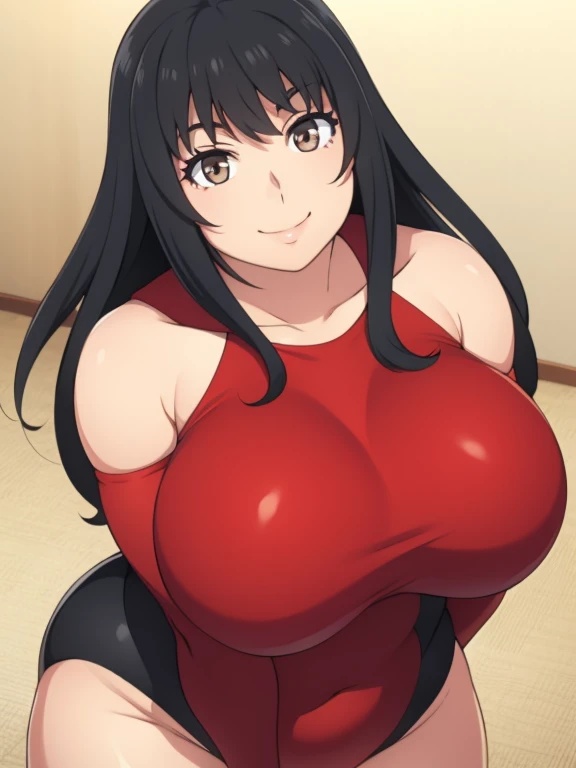 Plump black hair brown eyes happy smile big plump Big breast 21 year longer hair leotard