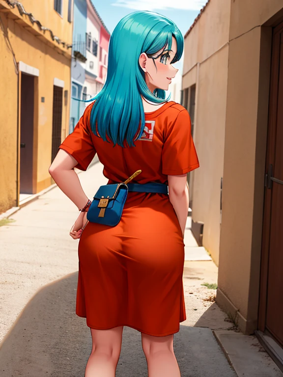 back shot, ass, obra maestra, mejor calidad, high resolution, Dragon Ball, blmcorto, pelo aguamarina, pelo muy corto, pendientes, joyas, vestido rojo, pechos medianos, bufanda amarilla, vestido corto, sin mangas, al aire libre, sonrisa, tiro de vaquero, Caminando, Restos, edificio, Desde abajo, ((Pussy))