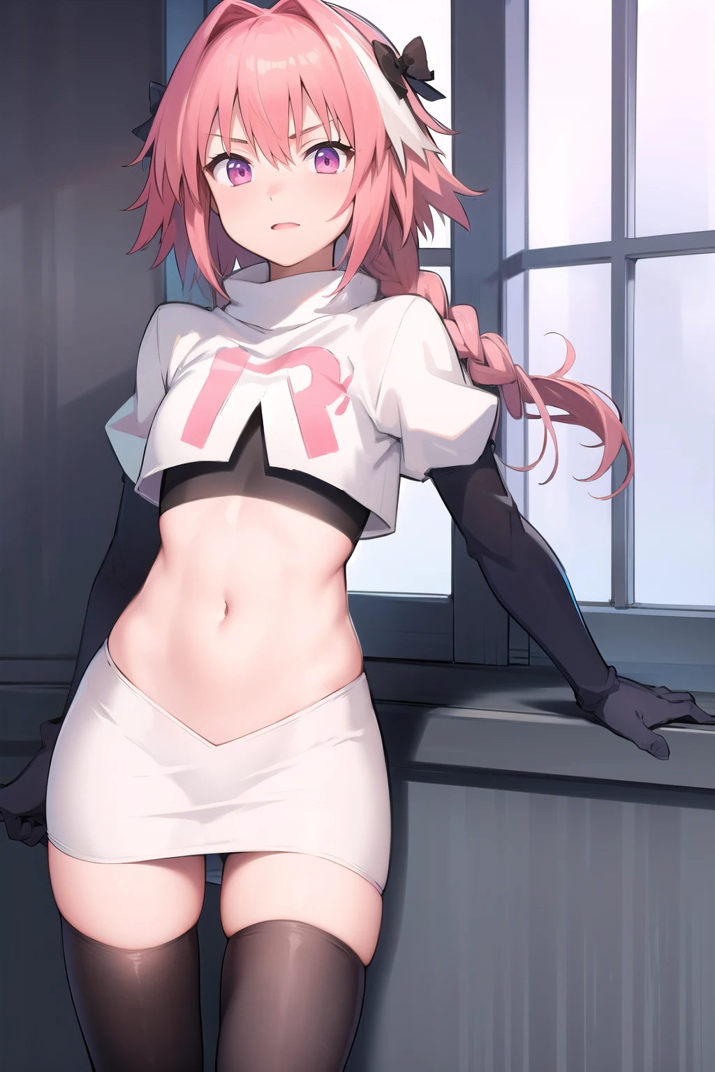 absurdres, masterpiece, best quality, astolfo fate,1boy, male focus, trap, pink multicolored hair, pink hair, white hair, hair intakes, long hair, pink detailed eyes, crossdressing,1boy, team rocket,team rocket uniform,white skirt,red letter R,crop top,black thigh-highs,black elbow gloves, cowboy shot