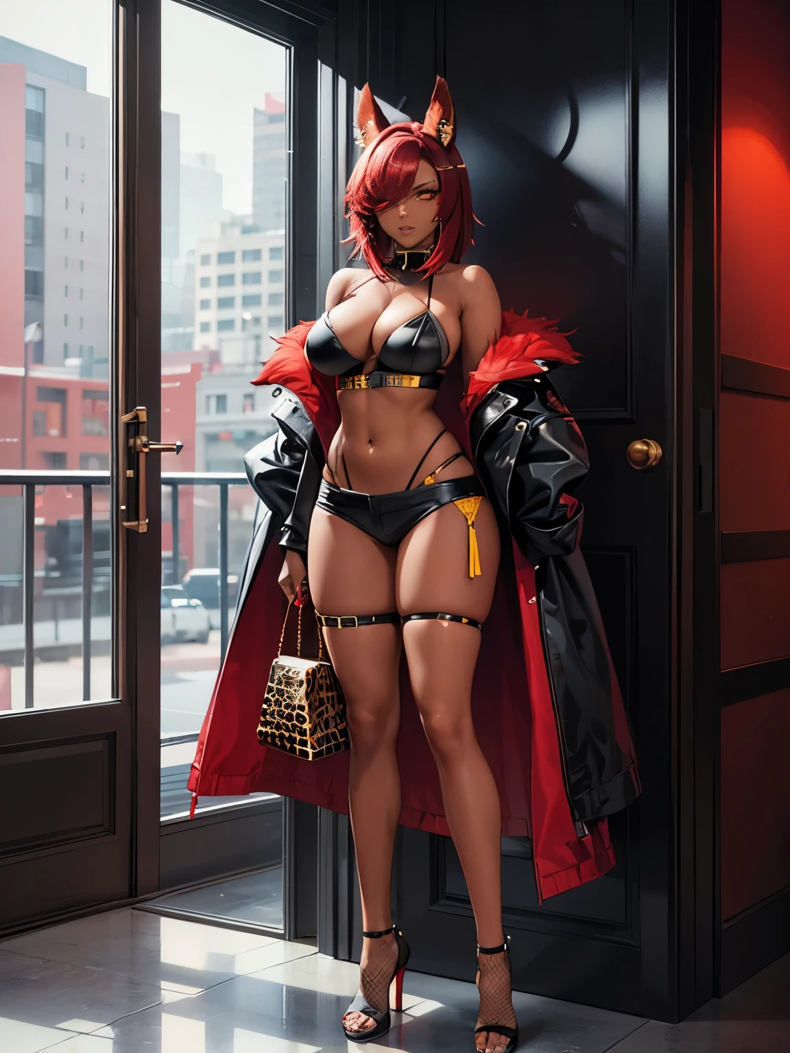 Female, dark skinned, spikey red hair, red fur, thick thighs, large breasts, yellow eyes, eyeshadow, black tube top, open cropped jacket, black hot pants, fishnet leg wear, scar over one eye, full body shot, tall, sharp eyes