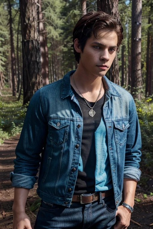 Dylan O'Brien, Stiles Stilinski, Teen Wolf, 18 years old, short messy dark brown hair, honey eyes, open blue denim jacket, light blue shirt with fox print, blue denim jeans with silver belt, fox pendant, black sneakers with dark white. forest background fox aura around black color