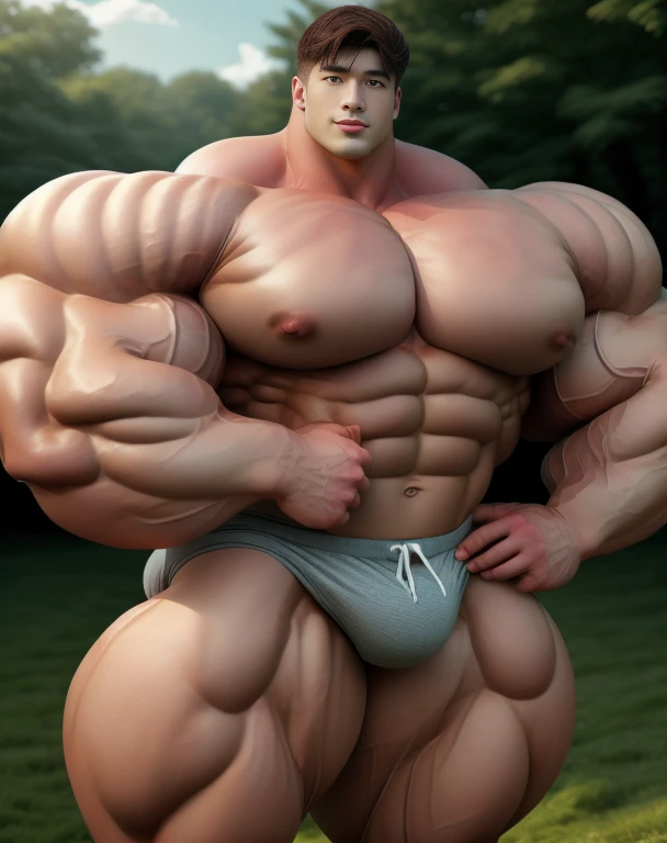 1 asian men, handsome, giant, buzz haircut, model shoot style, looking at camera, standing, posing arms, outdoor, large green field, strong body, bulk, naked, wear grey swimwear underpants, bulge, big, brutalmass, giant, muscular body, bulk, massive body, large meaty body size, brown skin, big arms, ballooning meaty pecs. UHD, Realistic, intricate detail