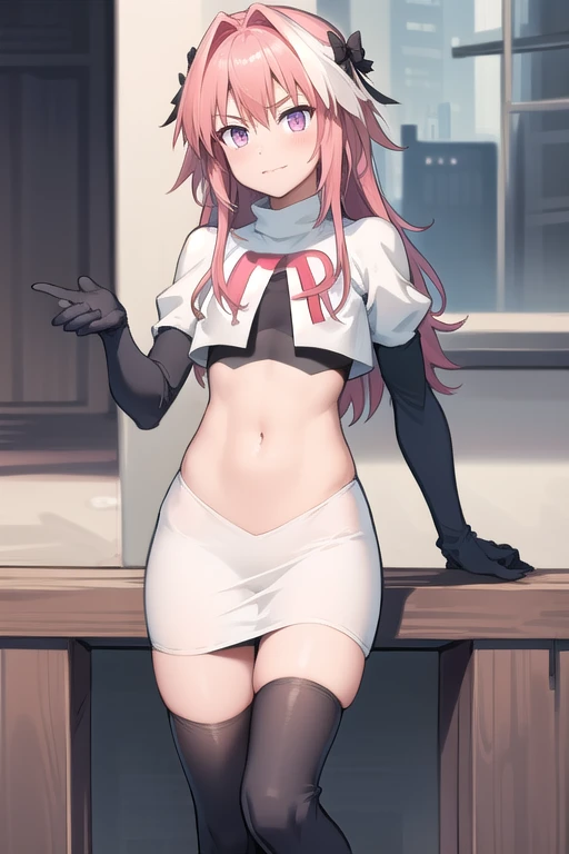 absurdres, masterpiece, best quality, astolfo fate,1boy, male focus, trap, pink multicolored hair, pink hair, white hair, hair intakes, long hair, pink detailed eyes, crossdressing,1boy, team rocket,team rocket uniform,white skirt,red letter R,crop top,black thigh-highs,black elbow gloves, cowboy shot
