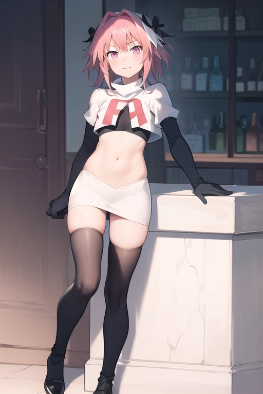 absurdres, masterpiece, best quality, astolfo fate,1boy, male focus, trap, pink multicolored hair, pink hair, white hair, hair intakes, long hair, pink detailed eyes, crossdressing,1boy, team rocket,team rocket uniform,white skirt,red letter R,crop top,black thigh-highs,black elbow gloves, cowboy shot