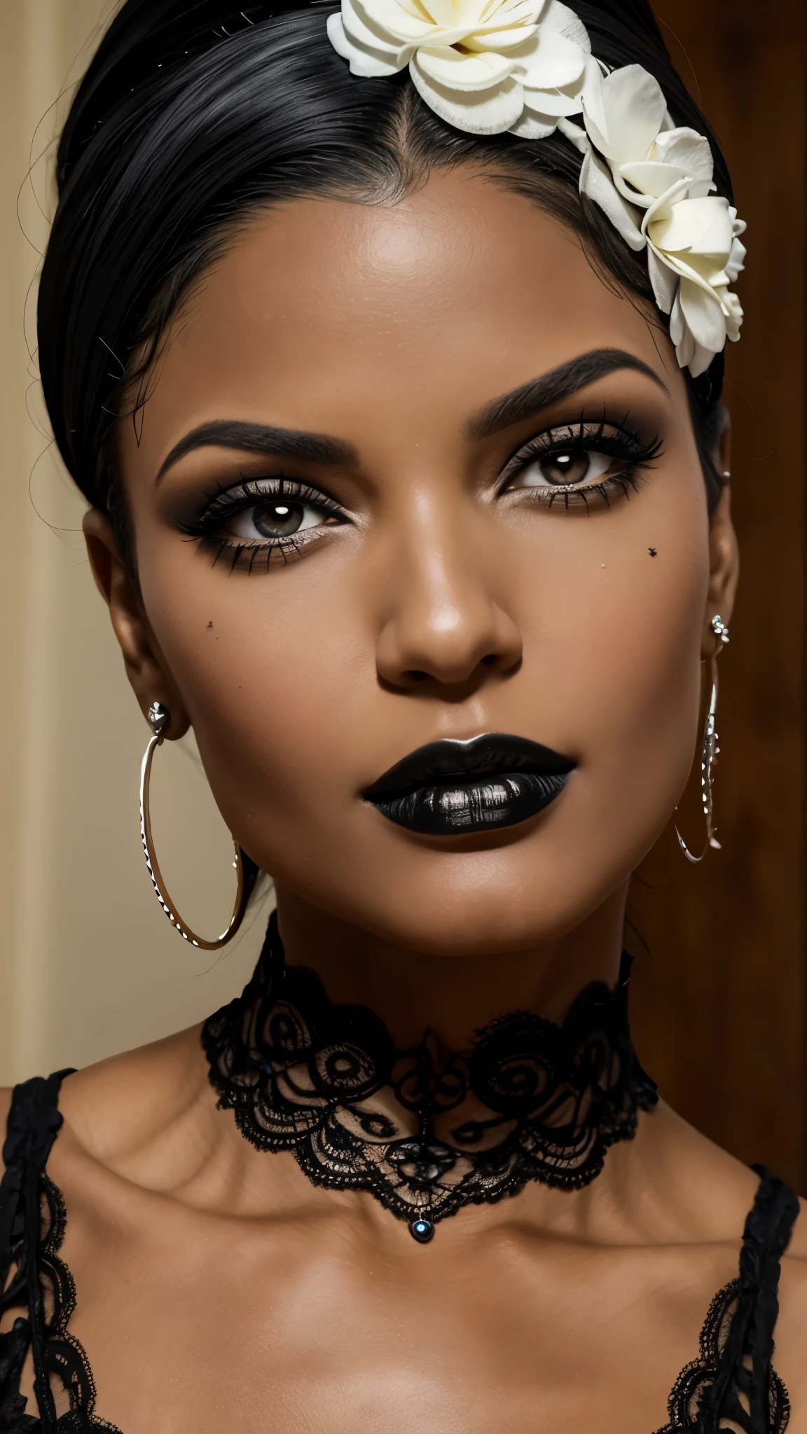 maquiagem preta, batom preto, black hair combed back, rosto detalhado, detailed lips, olhos detalhados,