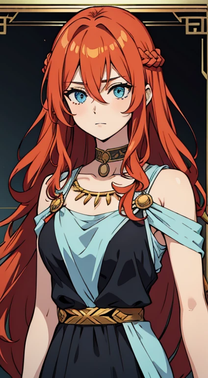 (high-quality, breathtaking),(expressive eyes, perfect face) 1girl, female, solo, young adult, ginger red color hair, blue highlight in hair, tanned skin, pale light blue eye color, medium hair length, fluffy spiky hair, wavy curly hair, black dress with gold trim, tunic, Greek Goddess, Ancient Greek Dress, Greek Clothes, Symmetrical Eyes, portrait, halfbody, positive expression, elegant, mature, beautiful, soft smile, hair between eyes, SunsetHuman, collar