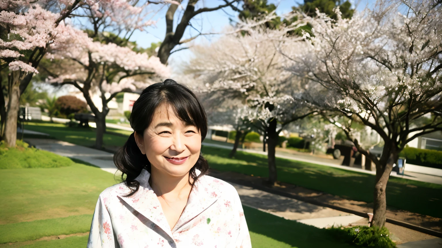 ((highest quality、8k、masterpiece:1.3))、Photorealistic, Sharp focus, high resolution, High resolution, Portraiture, alone, Japanese, A little chubby, Middle-aged women, Beautiful woman, suit, 65 years old, Wavy Hair, Wrinkles around the eyes, The background is cherry blossoms, Large Bust, smile