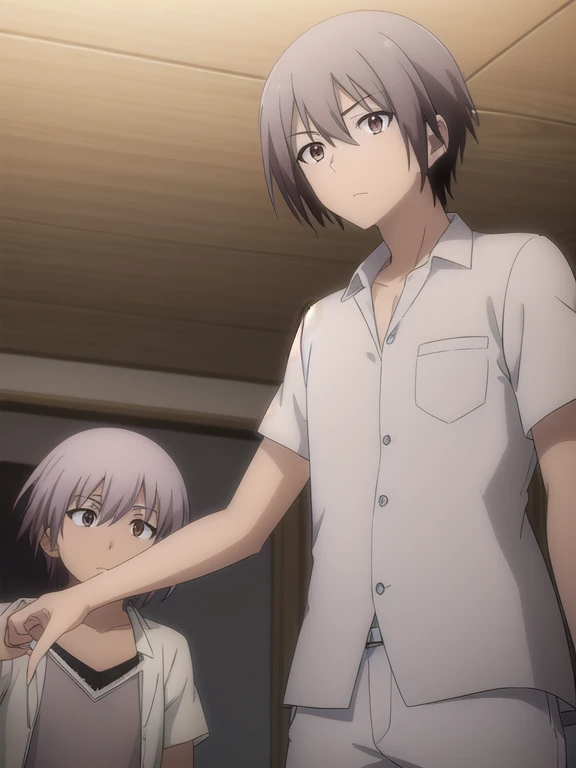 ayumuaikawa, ayumu aikawa, cabello corto, Pelo gris, (Brown eyes:1.3), enfoque masculino,
ROMPER cabello corto, camisa, white camisa, collared camisa, pantalones,
ROMPER indoors, aula,
ROMPER looking at viewer, (tiro de vaquero:1.5),
ROMPER (obra maestra:1.2), mejor calidad, high resolution, fondo de pantalla de unidad 8k, (ILLUSTRATION:0.8), (Hermosos ojos detallados:1.6), cara extremadamente detallada, perfect lighting, CG extremadamente detallado, (manos perfectas, perfect anatomy),