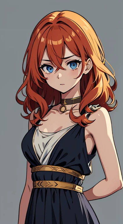 (high-quality, breathtaking),(expressive eyes, perfect face) 1girl, female, solo, young adult, ginger red color hair, blue highlight in hair, tanned skin, pale light blue eye color, medium hair length, fluffy spiky hair, wavy curly hair, black dress with gold trim, tunic, Greek Goddess, Ancient Greek Dress, Greek Clothes, Symmetrical Eyes, portrait, halfbody, positive expression, elegant, mature, beautiful, soft smile, hair between eyes, SunsetHuman, collar, grey background