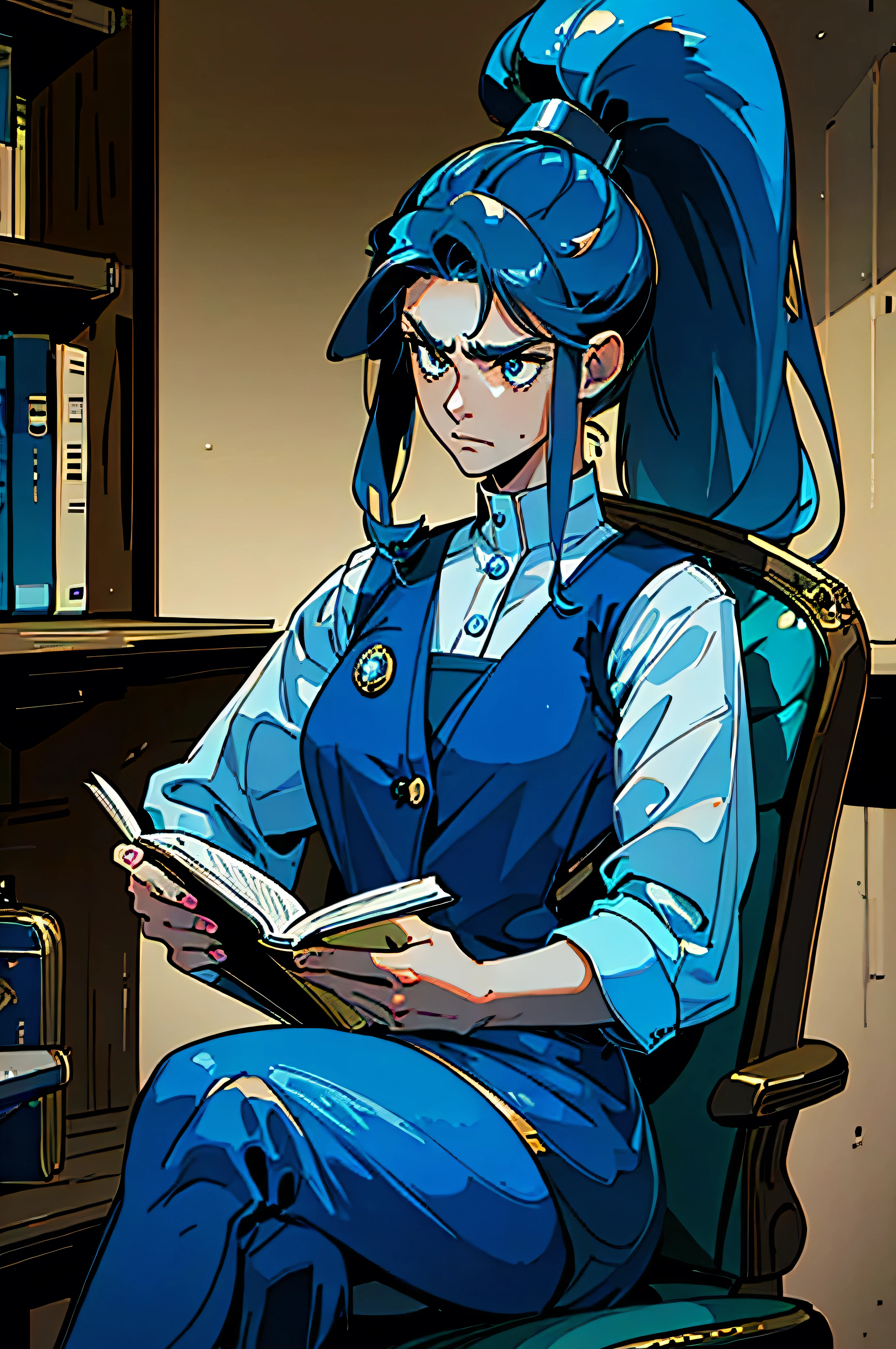 25 year old woman, (reading, focused, frowning), (tilted head), blue long hair, attached into a ponytail, blue eyes, blue costume vest, white shirt with buttons, sitting on a chair into a library, dim light, face lighting, best quality, 8k, 4k, uhd
