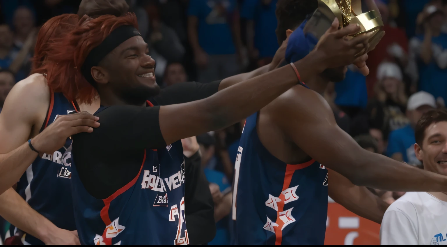Man celebrating with dyed red hair with the Larry O’Brien trophy, with fans in the background