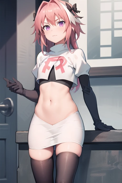 absurdres, masterpiece, best quality, astolfo fate,1boy, male focus, trap, pink multicolored hair, pink hair, white hair, hair intakes, long hair, pink detailed eyes, crossdressing,1boy, team rocket,team rocket uniform,white skirt,red letter R,crop top,black thigh-highs,black elbow gloves, cowboy shot