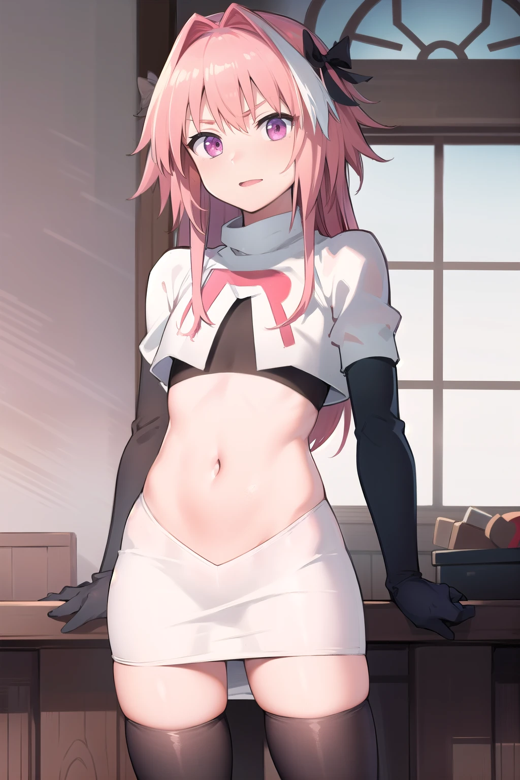 absurdres, masterpiece, best quality, astolfo fate,1boy, male focus, trap, pink multicolored hair, pink hair, white hair, hair intakes, long hair, pink detailed eyes, crossdressing,1boy, team rocket,team rocket uniform,white skirt,red letter R,crop top,black thigh-highs,black elbow gloves, cowboy shot