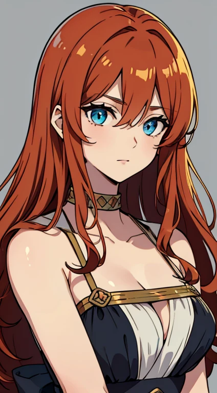 (high-quality, breathtaking),(expressive eyes, perfect face) 1girl, female, solo, young adult, ginger red color hair, blue highlight in hair, tanned skin, pale light blue eye color, medium hair length, fluffy spiky hair, wavy curly hair, black dress with gold trim, tunic, Greek Goddess, Ancient Greek Dress, Greek Clothes, Symmetrical Eyes, portrait, halfbody, positive expression, elegant, mature, beautiful, soft smile, hair between eyes, SunsetHuman, collar, grey background