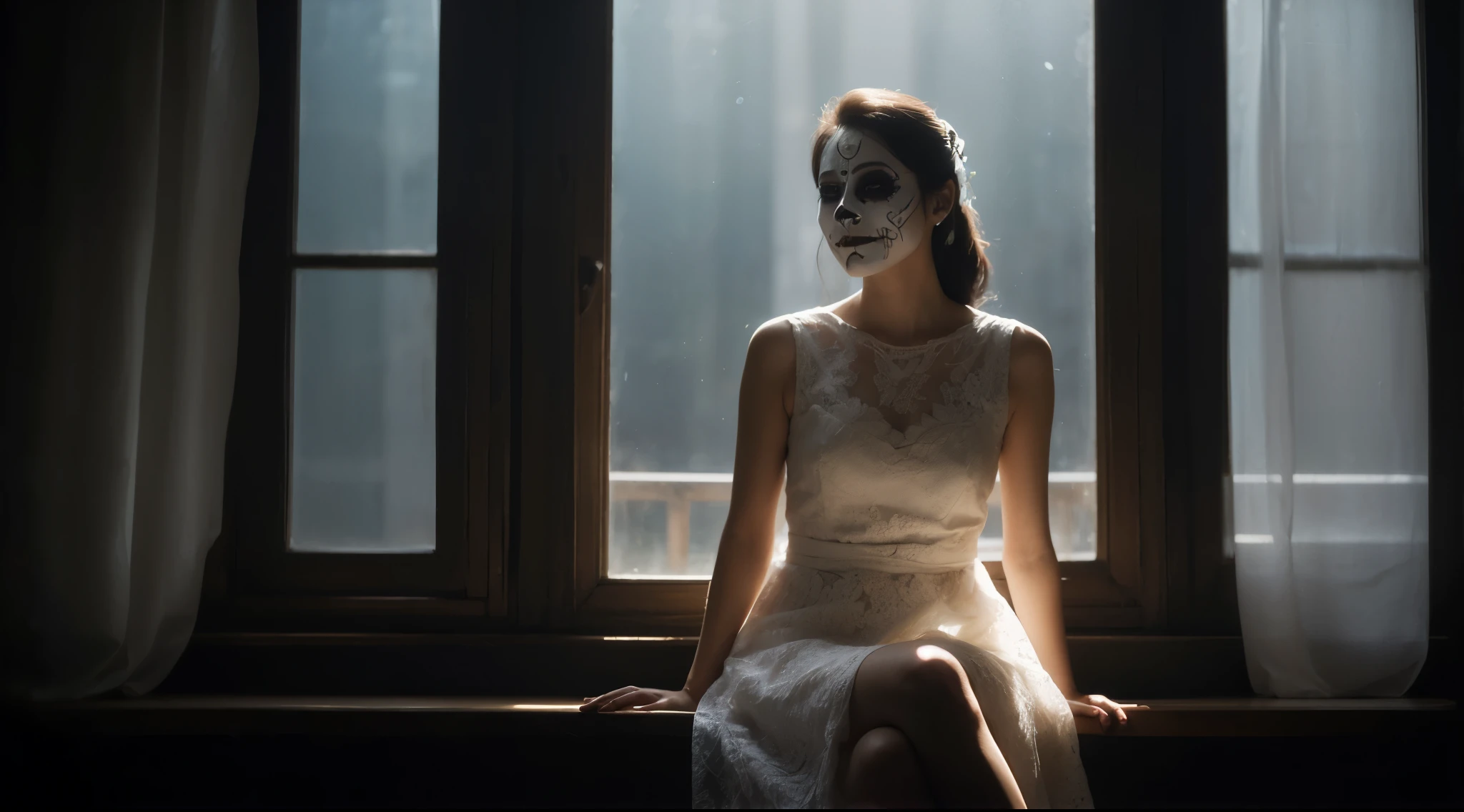 A japanese woman with white painted de los muertos face, full body frontal shoot, in a dramatic dark room with light source from window, wearing white plain transparent sleeveless crewneck mini dress, moist healthy skin, she is smiling heads up, pretty detailed face, dynamic gestures, model pose, (she is sitting on chair & crossed legs elegantly) dramatic shadow & light from window, 4K, UHD, ultra detailed face, pale skin, horror feel, proportional body, backlight lighting treatment, low angle camera, bride cloth, smile