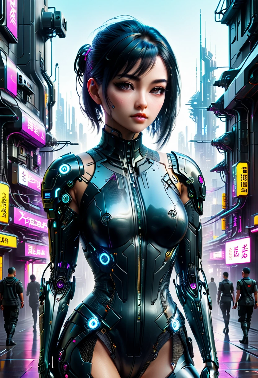 Nahaufnahme einer Person, die in einer Stadt mit futuristischem Hintergrund steht, digital cyberpunk anime art, advanced digital cyberpunk art, beautiful cyberpunk girl, cyberpunk art ultrarealistic 8k, digital cyberpunk - anime art, cyberpunk art style, dreamy cyberpunk girl, cyberpunk 2 0 y. o Model Girl, hyper-realistic cyberpunk style, cyberpunk digital art, cyberpunk dark fantasy art