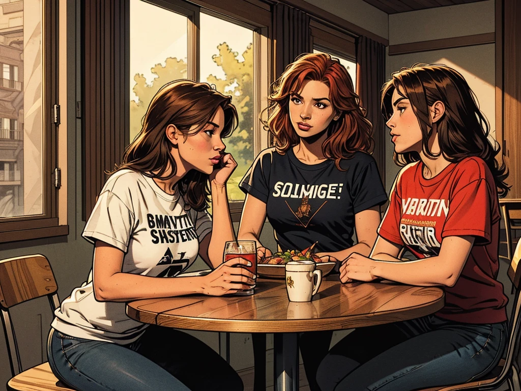 typical bright college dining hall:1.2,metal square tray:1.2, morning light, naughty girls:, chatting, gossip, modern features, teenager style:1.2,  t-shirt, blond, black-haired, red-haired, simple table,sweatshirt