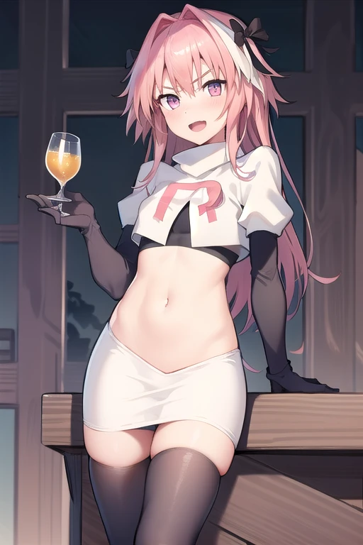 absurdres, masterpiece, best quality, astolfo fate,1boy, male focus, trap, pink multicolored hair, pink hair, white hair, hair intakes, long hair, pink detailed eyes, crossdressing,1boy, team rocket,team rocket uniform,white skirt,red letter R,crop top,black thigh-highs,black elbow gloves, cowboy shot