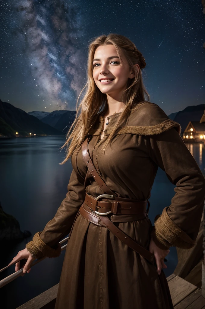 Jeune femme de 25 ans, visage fin, cheveux long, yeux marrons, HD, 8K, masterpiece, sourire romantique, sexy, tenue viking, tenue faite de peaux de bête et de métal, dans un fjord, village viking, de nuit, Milky Way