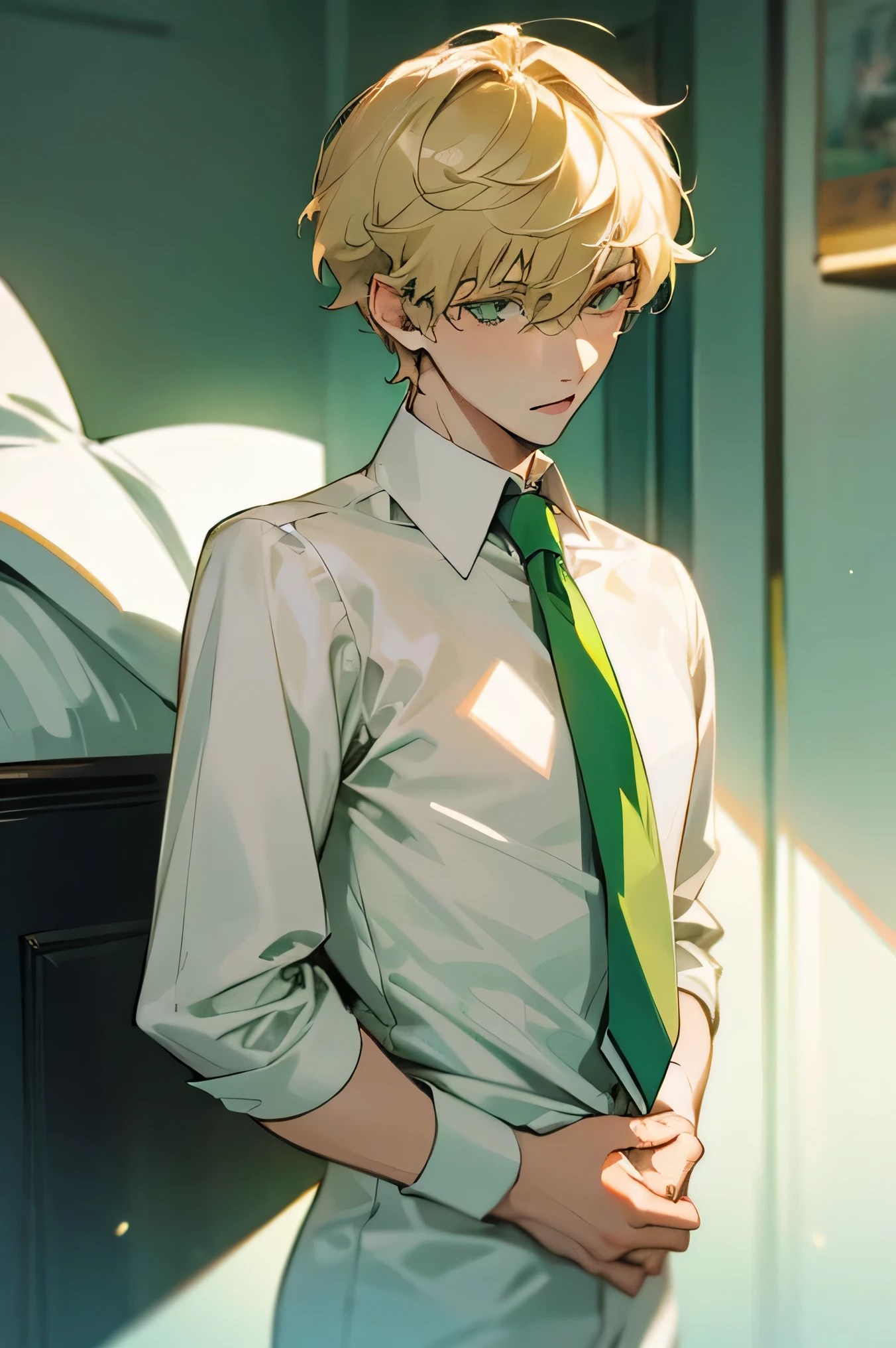 18 year old boy, handsome, hot. light blonde hair, light green eyes. white dress shirt, green tie. soft features.