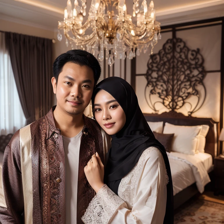 there is a man and woman standing in a bedroom together, portrait shot, malaysian, in majestic, couple, lovely couple, by Basuki Abdullah, handsome, portrait, mid shot portrait, in background, inspired by Basuki Abdullah, photoshoot, romance, photoshoot for skincare brand, in romantic style, full protrait, in the background, home photography portrait, 9k