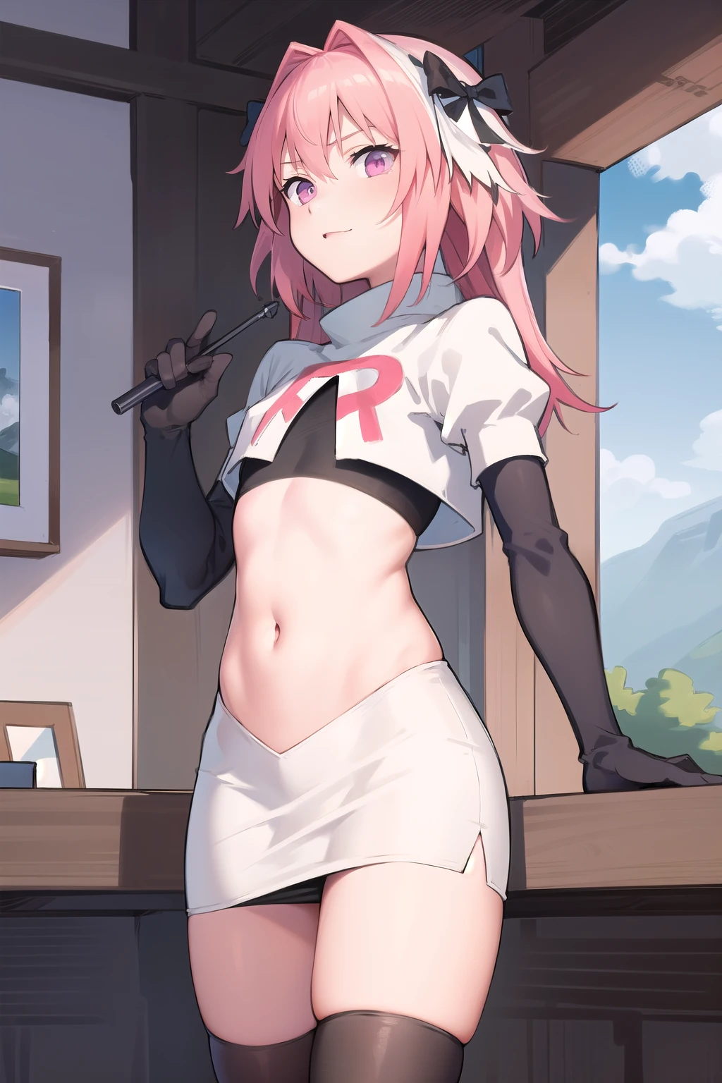 absurdres, masterpiece, best quality, astolfo fate,1boy, male focus, trap, pink multicolored hair, pink hair, white hair, hair intakes, long hair, pink detailed eyes, crossdressing,1boy, team rocket,team rocket uniform,white skirt,red letter R,crop top,black thigh-highs,black elbow gloves, cowboy shot