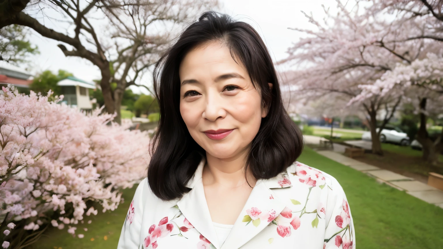 ((highest quality、8k、masterpiece:1.3))、Photorealistic, Sharp focus, high resolution, High resolution, Portraiture, alone, Japanese, A little chubby, Middle-aged women, Beautiful woman, suit, 40 years old, Straight Hair, Wrinkles around the eyes, The background is cherry blossoms, Large Bust, smile