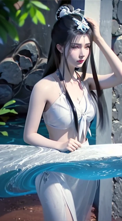 A beautiful 20-year-old girl, (((Wearing a delicate white two-piece bikini))),(reveal), Carefully crafted gemstone jewellery,((Tie your hair neatly around your shoulders: 1.5)), (())，Soft Light