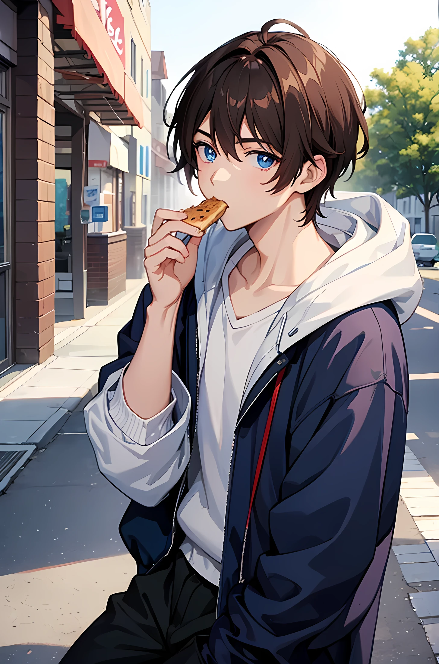 A anime boy high schooler that has brown hair and glowing blue eyes, (eating food) (background outside) (4k) (good quality) (HD) 