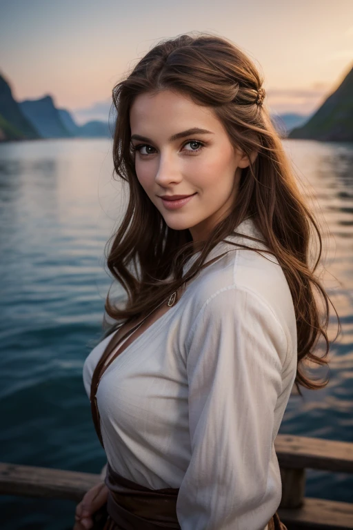 Jeune femme de 25 ans, visage fin, cheveux long, yeux marrons, HD, 8K, masterpiece, sourire romantique, sexy, tenue viking, tenue faite de peaux de bête et de métal, dans un fjord, village viking, de nuit, Milky Way