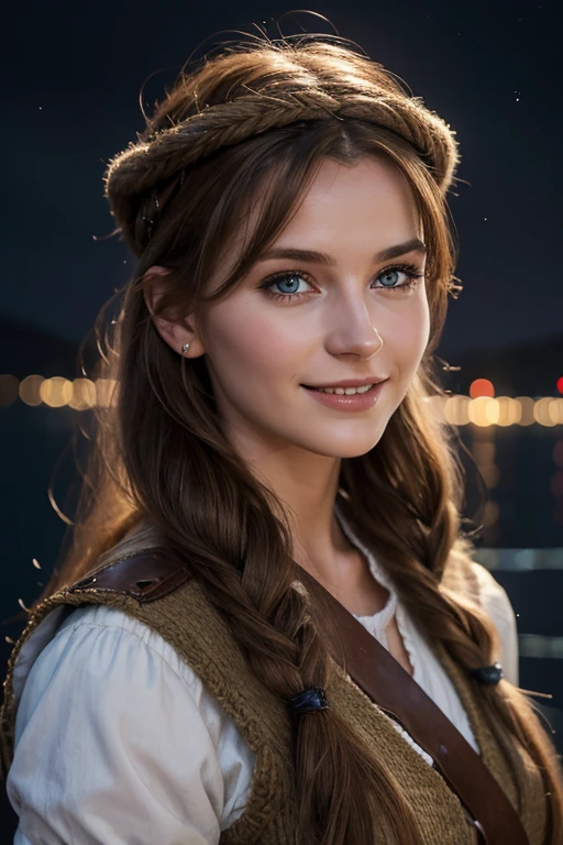 Jeune femme de 25 ans, visage fin, cheveux long, yeux marrons, HD, 8K, masterpiece, sourire romantique, sexy, tenue viking, tenue faite de peaux de bête et de métal, dans un fjord, village viking, de nuit, Milky Way