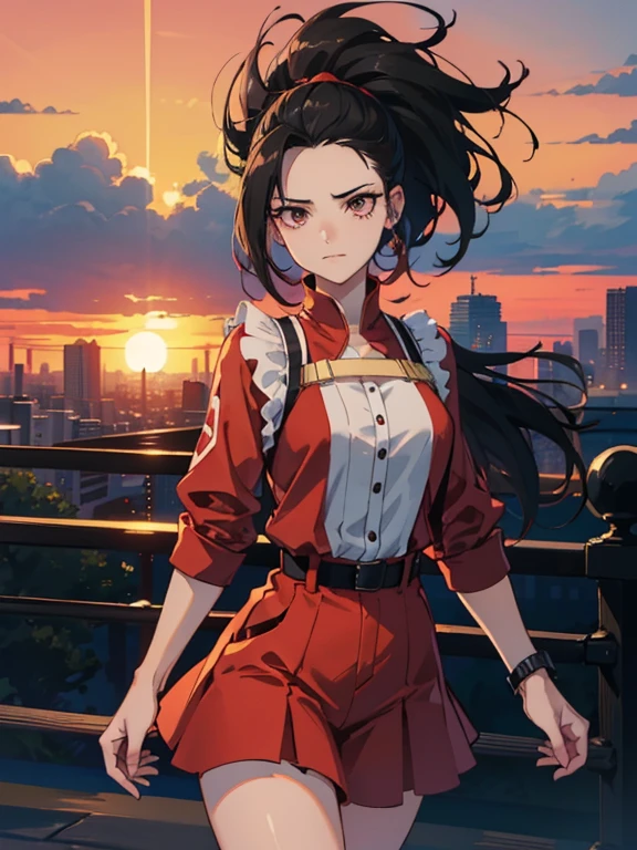 yaoyorozumomo, yaoyorozu momo, (momo yaoyorozu:1.2), pelo largo, golpes, pelo negro, cola de caballo, (ojos negros:1.5), high cola de caballo, wide cola de caballo,
ROMPER navel, escote, hombros descubiertos, belt, leotard, brazos desnudos, apertura central, leotardo rojo, beltskirt,
ROMPER outdoors, ciudad, sol, cielo, nubes,
ROMPER looking at viewer,
ROMPER (obra maestra:1.2), mejor calidad, high resolution, fondo de pantalla de unidad 8k, (ILLUSTRATION:0.8), (Hermosos ojos detallados:1.6), cara extremadamente detallada, perfect lighting, CG extremadamente detallado, (manos perfectas, perfect anatomy),