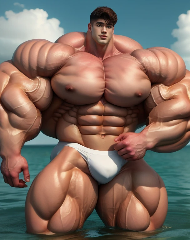 1 asian men, handsome, giant, buzz haircut, model shoot style, looking at camera, standing, posing arms, outdoor, in the ocean, strong body, bulk, naked, wear white swimwear underpants, bulge, big, brutalmass, giant, muscular body, bulk, massive body, large meaty body size, brown skin, big arms, ballooning meaty pecs. UHD, Realistic, intricate detail