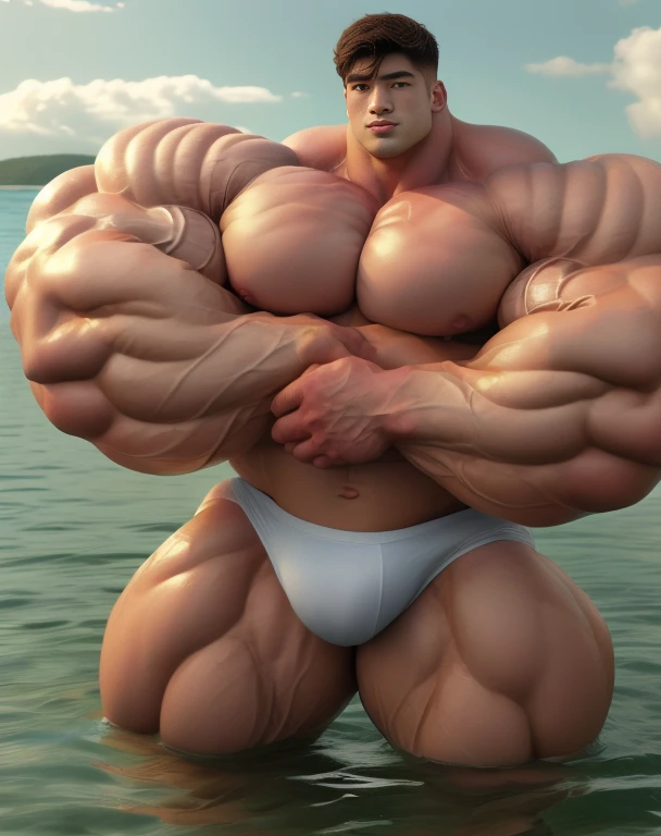 1 asian men, handsome, giant, buzz haircut, model shoot style, looking at camera, standing, posing arms, outdoor, in the ocean, strong body, bulk, naked, wear white swimwear underpants, bulge, big, brutalmass, giant, muscular body, bulk, massive body, large meaty body size, brown skin, big arms, ballooning meaty pecs. UHD, Realistic, intricate detail