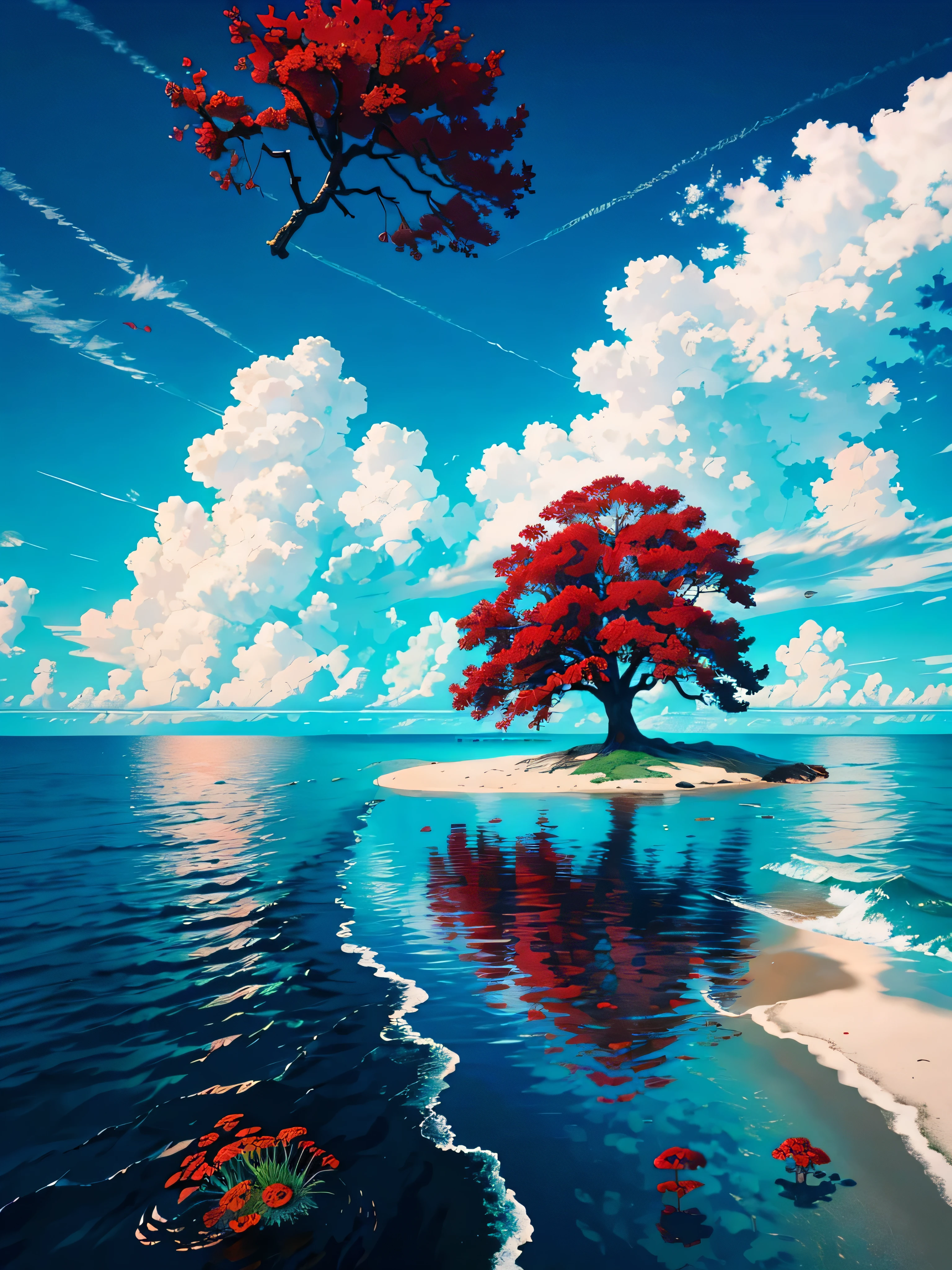 A masterpiece of a lone red tree in the middle of ocean , mostly blue cloudy sky,Windy,wildflowers,Blue skies,high qulity,best qualtiy,rtx,4k,8k,drone far shoy