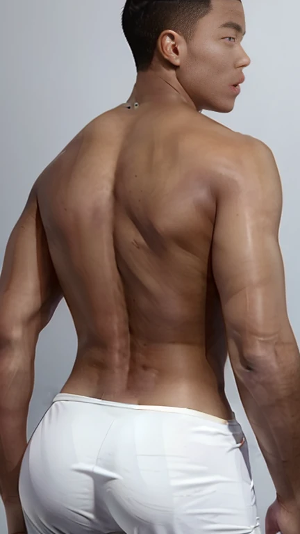 photorealistic,Tong,White good-looking thong,Asian shirtless abs rub moist, standing back, backward to viewers, showing huge male butt, round muscular ass, bubble butt, tight ass, back view, naked, you can see his beautiful big round butt,