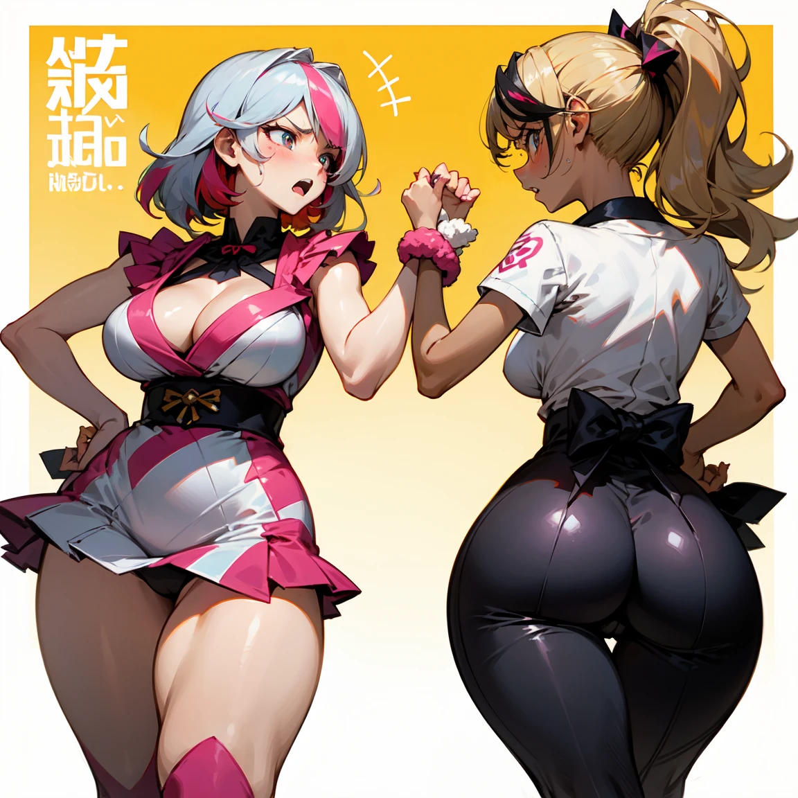twins, gyaru, curvy, suntan, streaked hair, angry expression, Tokyo, Japan