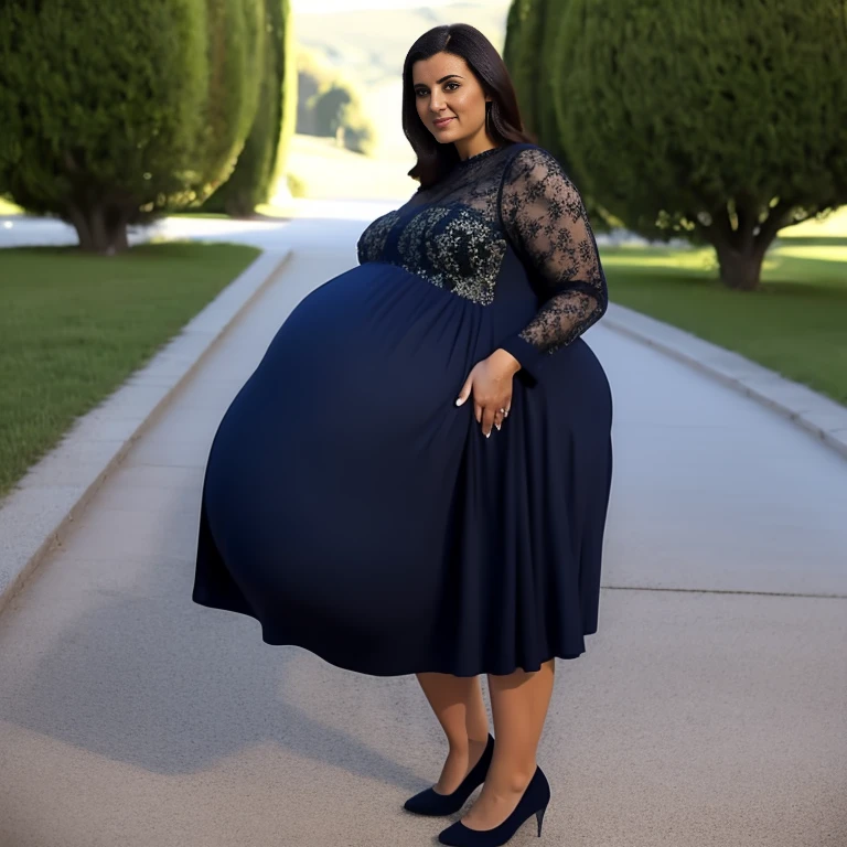 Extremely Hyperpregnant Montenegrin woman with huge belly wearing a dress