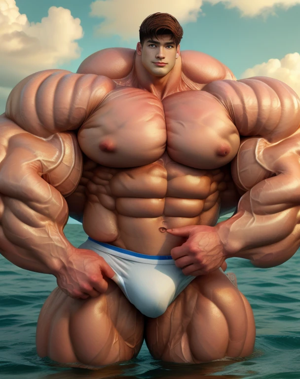 1 asian men, handsome, giant, buzz haircut, model shoot style, looking at camera, standing, posing arms, outdoor, in the ocean, strong body, bulk, naked, wear white swimwear underpants, bulge, big, brutalmass, giant, muscular body, bulk, massive body, large meaty body size, brown skin, big arms, ballooning meaty pecs. Water splash, ocean waves, UHD, Realistic, intricate detail