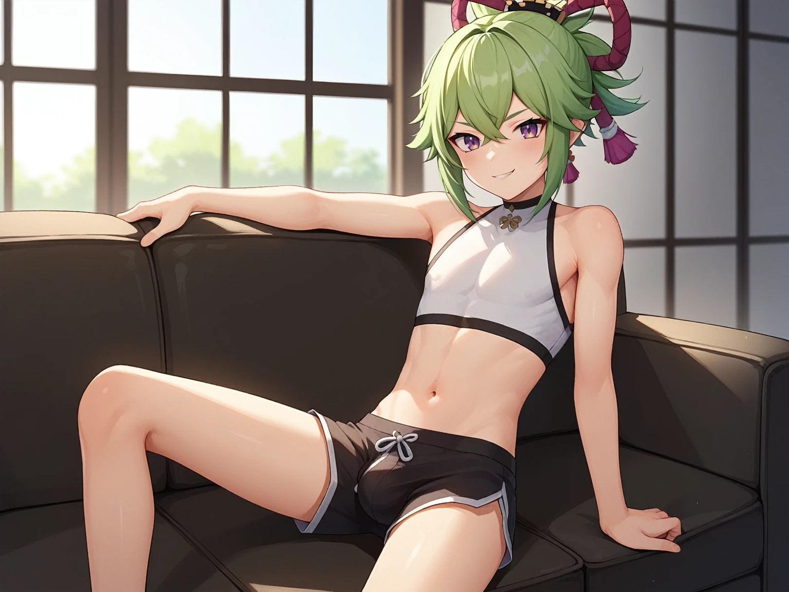 score_9, score_8_up, score_7_up, source_anime, flat color, BREAK, solo, shexyo, 1boy, shota, femboy, dark skinned male, genshin impact, kuki shinobu, indoors, shorts, ftm, genderbend, genderswap, looking at viewer, sitting, couch, crop top, smirk