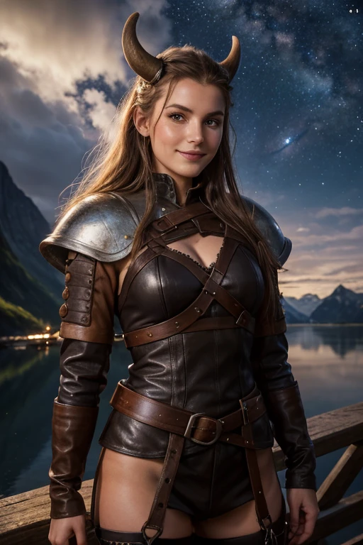 Jeune femme de 25 ans, visage fin, cheveux long, yeux marrons, HD, 8K, masterpiece, sourire romantique, sexy, tenue viking, outfit made of leather and metal, dans un fjord, village viking, de nuit, Milky Way, tatouage viking